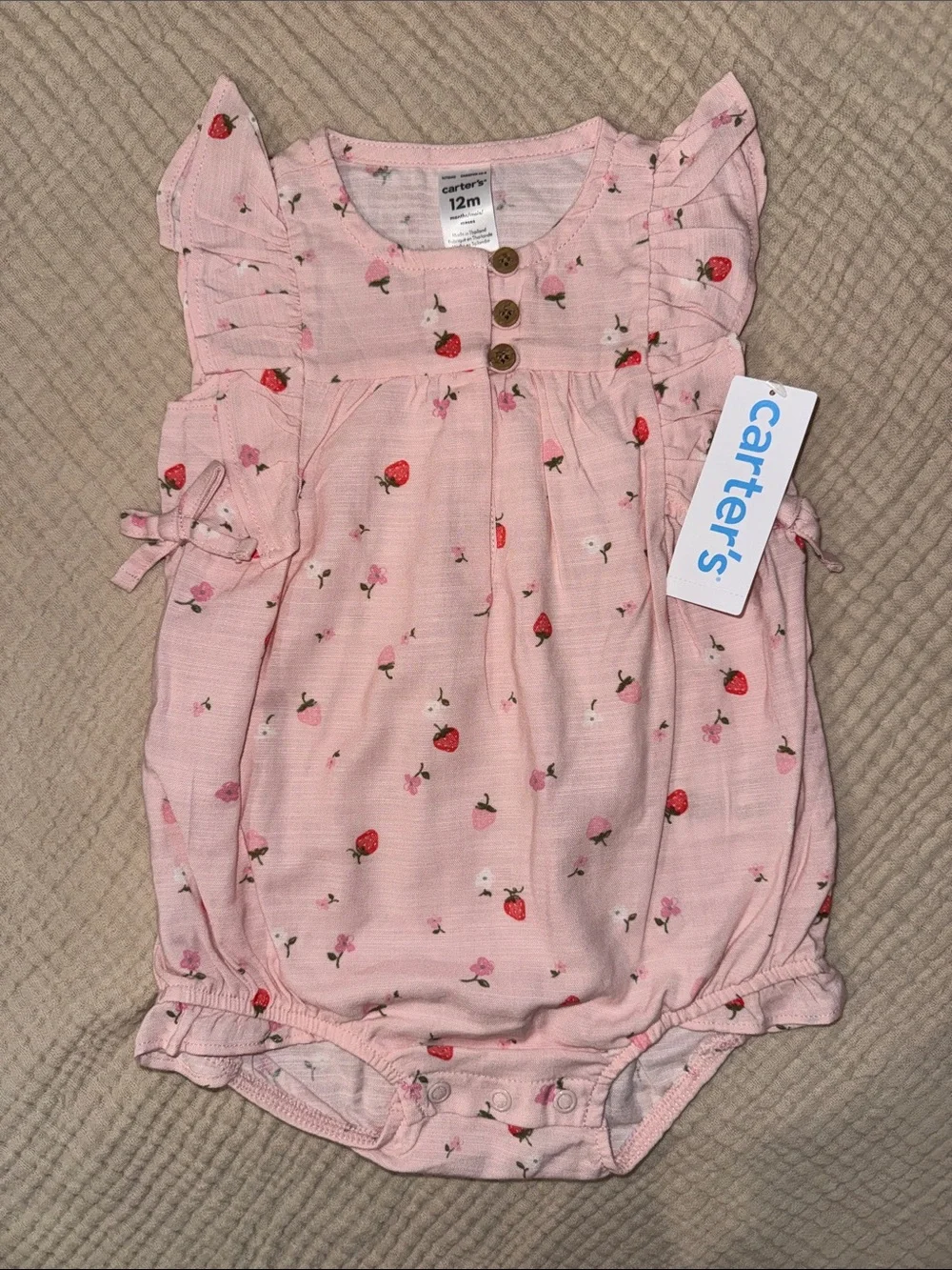 Carter's Pink Strawberry Print Flutter Sleeve Romper
